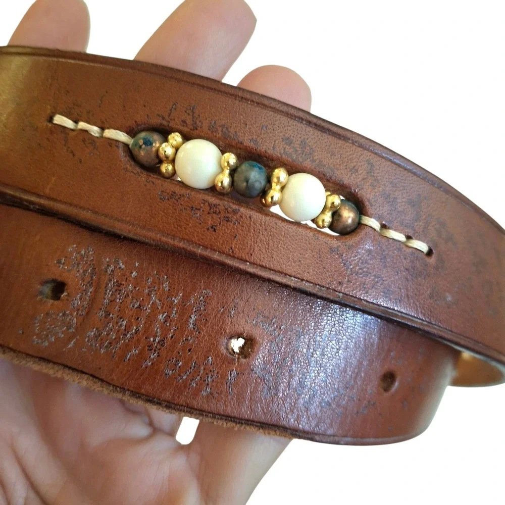 Vintage Tan Leather‎ Boho Western Belt with Gold /Silver Buckle and Accent Beads